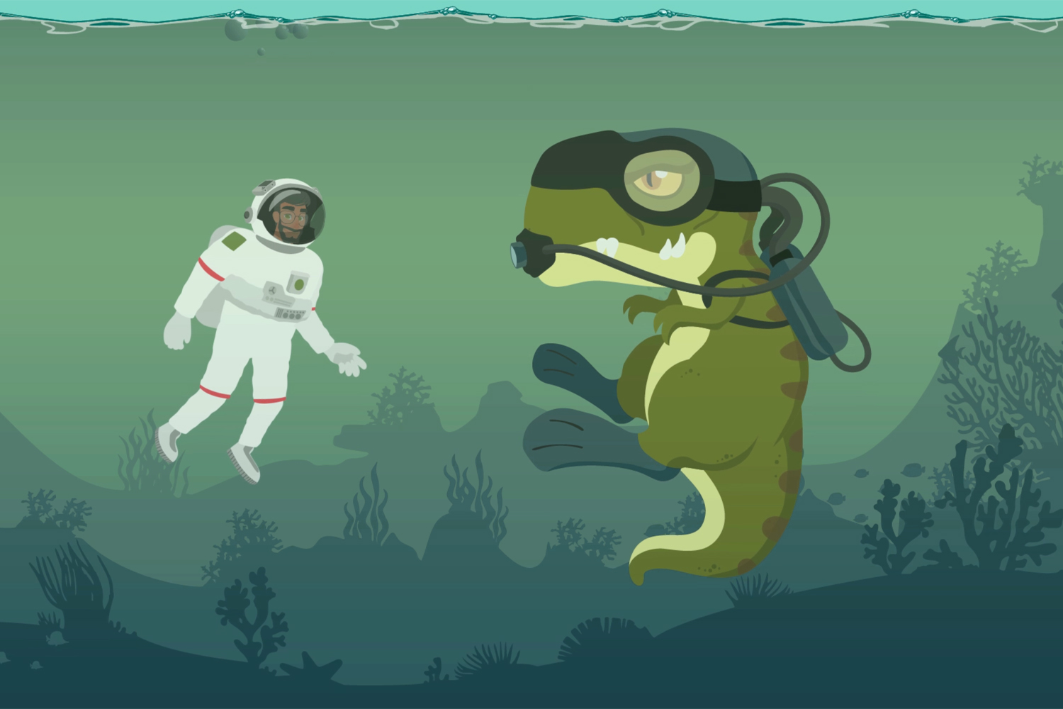Ausschnitt aus dem Erklärfilm, Dino und Grafiker unter Wasser